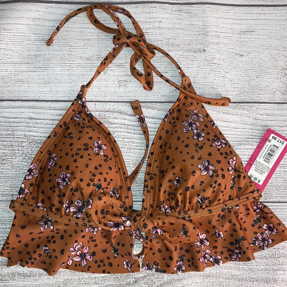 Brown black and pink bikini top floral and animal
